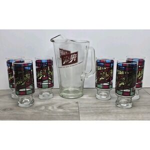 Vintage Schlitz Beer Heavy Glass Pitcher and 6 Stained Glass Style Beer Glasses